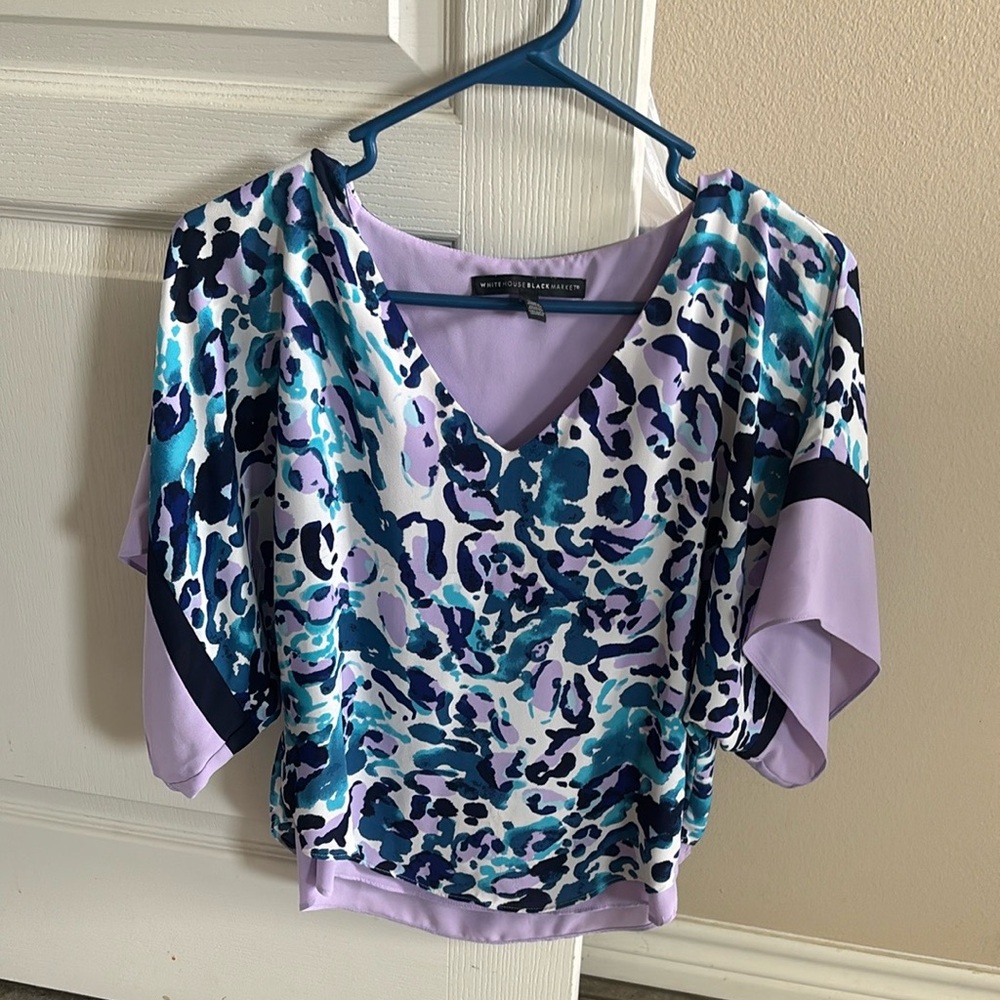 White House Black Market Boxy Crop Blouse Blue Purple Short Sleeve